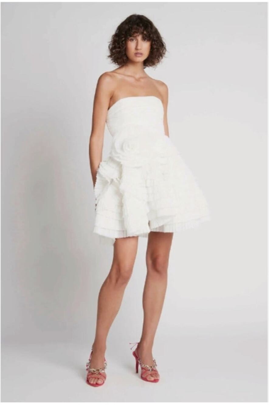 Aje Expressive Tiered Pleated Organza Strapless Mini Dress White AU 14 US 10